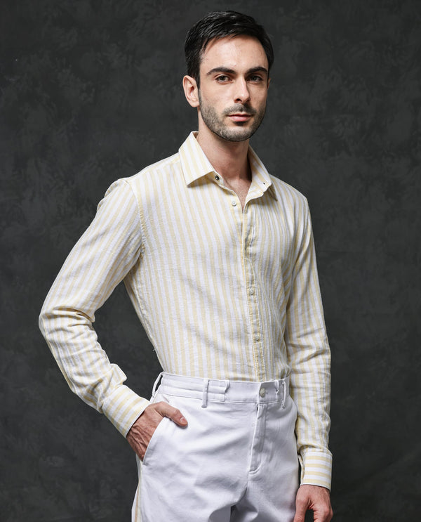 Rare Rabbit Mens Dopple Light Yellow Full Sleeve Regular Collar Cotton Linen Blend Stripe Shirt