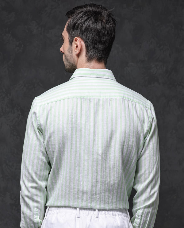 Rare Rabbit Mens Dopple Pastel Green Full Sleeve Spread Collar Cotton Linen Blend Stripe Shirt
