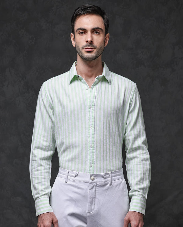 Rare Rabbit Mens Dopple Pastel Green Full Sleeve Spread Collar Cotton Linen Blend Stripe Shirt