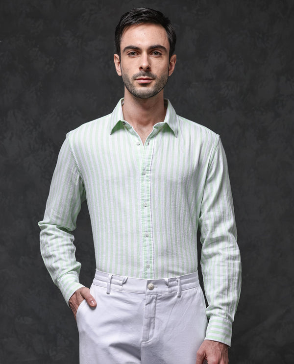 Rare Rabbit Mens Dopple Pastel Green Full Sleeve Spread Collar Cotton Linen Blend Stripe Shirt