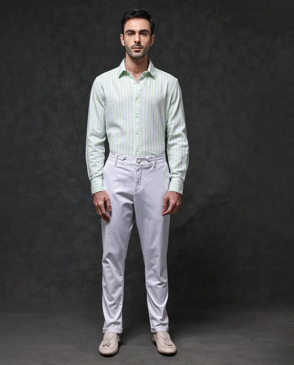 Rare Rabbit Mens Dopple Pastel Green Full Sleeve Spread Collar Cotton Linen Blend Stripe Shirt