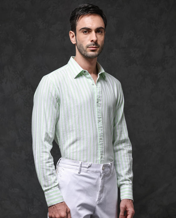 Rare Rabbit Mens Dopple Pastel Green Full Sleeve Spread Collar Cotton Linen Blend Stripe Shirt