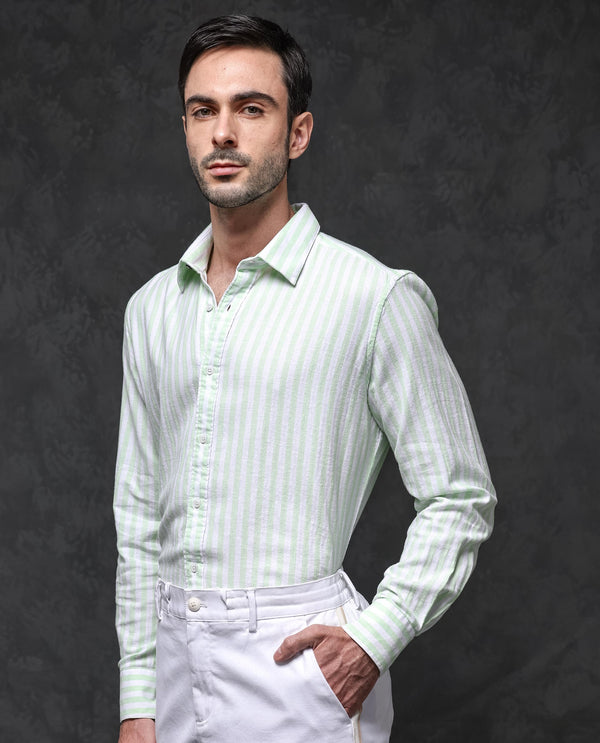 Rare Rabbit Mens Dopple Pastel Green Full Sleeve Spread Collar Cotton Linen Blend Stripe Shirt