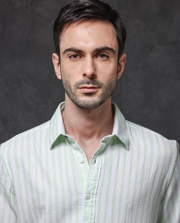Rare Rabbit Mens Dopple Pastel Green Full Sleeve Spread Collar Cotton Linen Blend Stripe Shirt