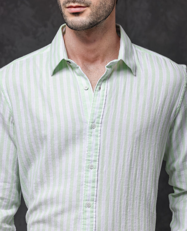 Rare Rabbit Mens Dopple Pastel Green Full Sleeve Spread Collar Cotton Linen Blend Stripe Shirt