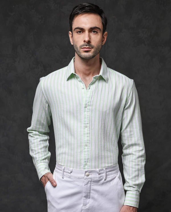Rare Rabbit Mens Dopple Pastel Green Full Sleeve Spread Collar Cotton Linen Blend Stripe Shirt