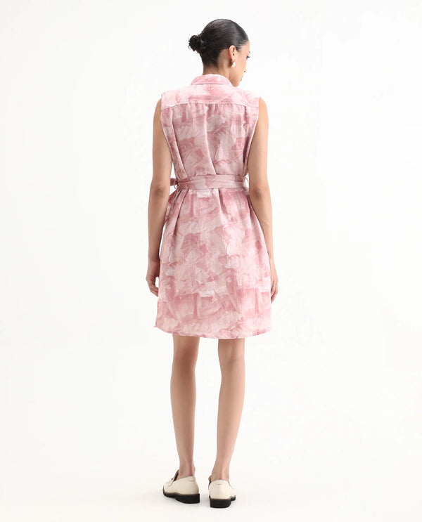 Rareism Women Doremi Pink Abstract Print Shirt Collar Sleeveless Front Placket Button Closure Pocket Knee Length Dress