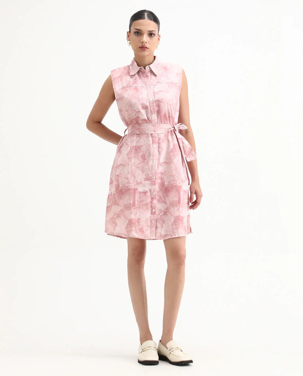 Rareism Women Doremi Pink Abstract Print Shirt Collar Sleeveless Front Placket Button Closure Pocket Knee Length Dress