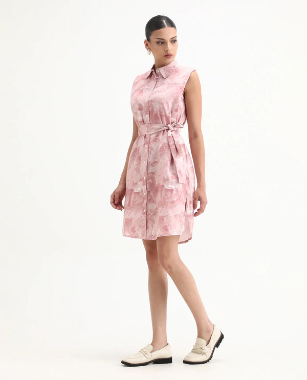 Rareism Women Doremi Pink Abstract Print Shirt Collar Sleeveless Front Placket Button Closure Pocket Knee Length Dress
