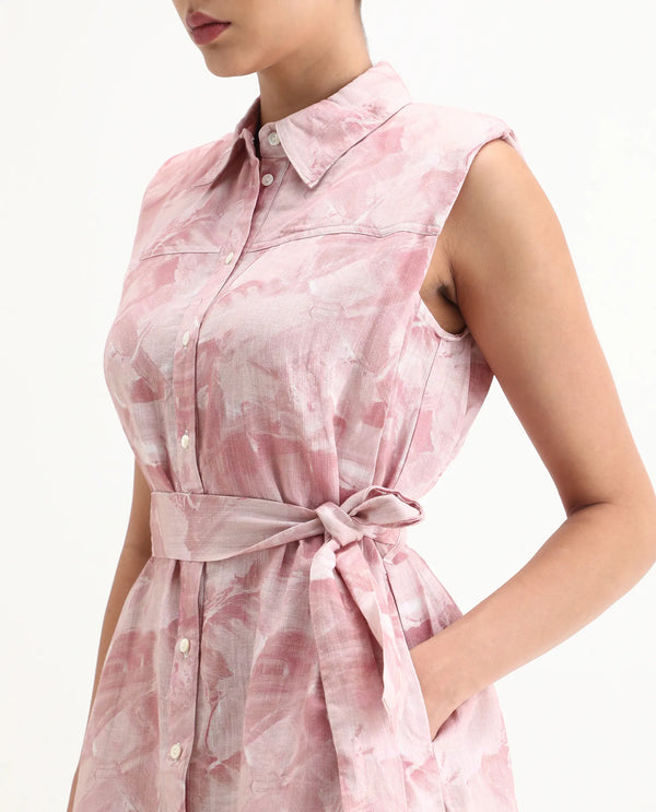 Rareism Women Doremi Pink Abstract Print Shirt Collar Sleeveless Front Placket Button Closure Pocket Knee Length Dress