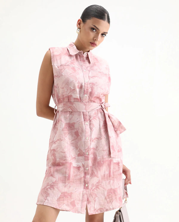 Rareism Women Doremi Pink Abstract Print Shirt Collar Sleeveless Front Placket Button Closure Pocket Knee Length Dress