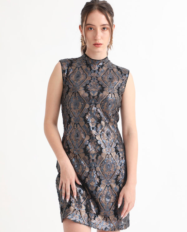 Rareism Women Dory Sheen Multi Polyester Fabric Zip Closure High Neck Sleeveless Regular Fit Sequined Short Empire Dress