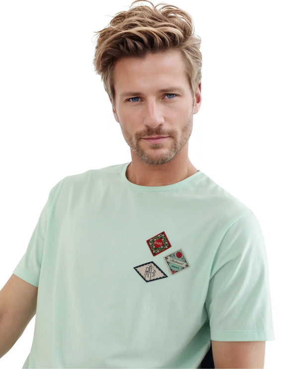 Rare Rabbit Men Dorl Light Blue Cotton Blend Fabric Short Sleeve Crew Neck HD Print Pocket Placement T-Shirt