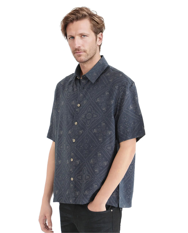 Rare Rabbit Men's Dorm Navy Cotton Fabric Short Sleeve Collared Neck Button Closure Printed Shirt