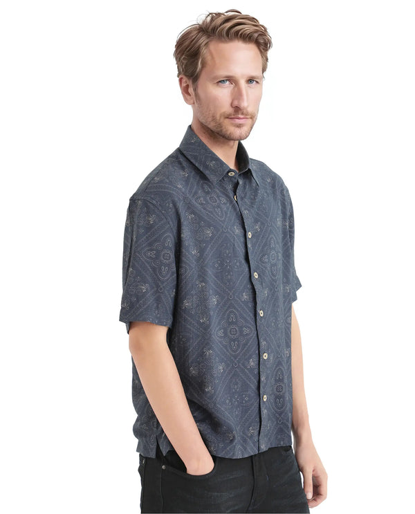 Rare Rabbit Men's Dorm Navy Cotton Fabric Short Sleeve Collared Neck Button Closure Printed Shirt
