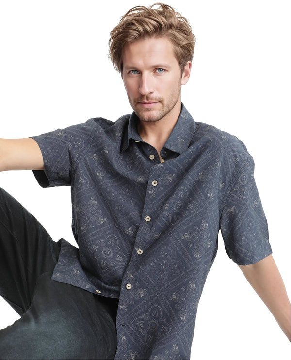 Rare Rabbit Men's Dorm Navy Cotton Fabric Short Sleeve Collared Neck Button Closure Printed Shirt