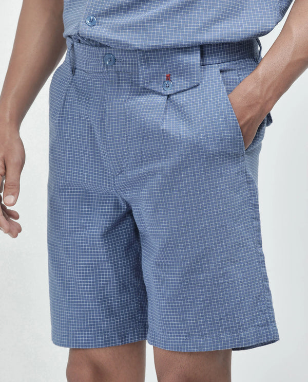 Rare Rabbit Men Dorn Blue Cotton Elastane Fabric Relaxed Fit Pleated Checked Shorts