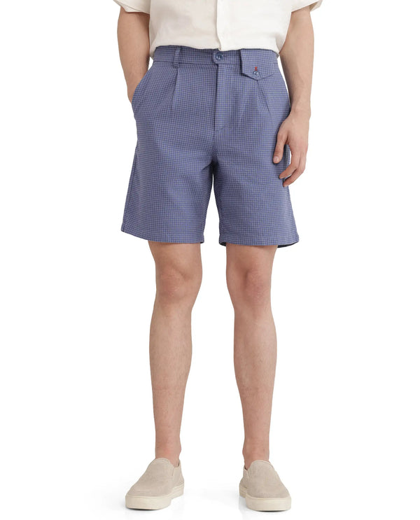 Rare Rabbit Men Dorn Blue Cotton Elastane Fabric Relaxed Fit Pleated Checked Shorts