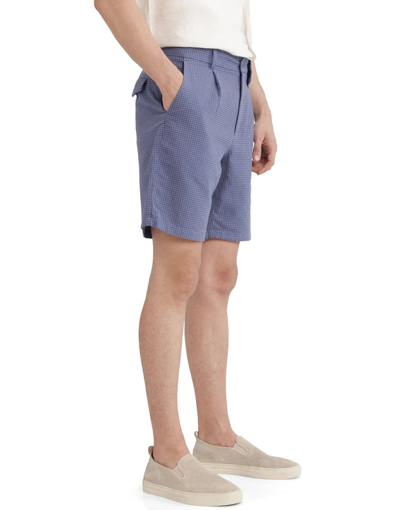 Rare Rabbit Men Dorn Blue Cotton Elastane Fabric Relaxed Fit Pleated Checked Shorts