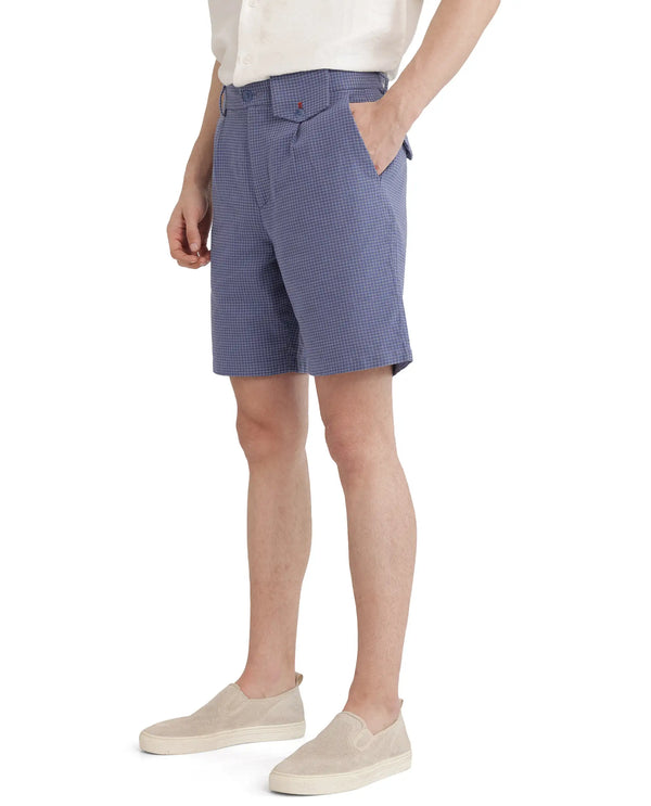 Rare Rabbit Men Dorn Blue Cotton Elastane Fabric Relaxed Fit Pleated Checked Shorts
