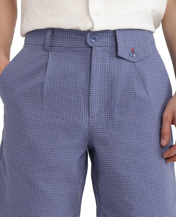 Rare Rabbit Men Dorn Blue Cotton Elastane Fabric Relaxed Fit Pleated Checked Shorts