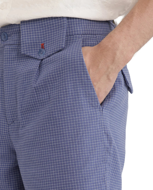 Rare Rabbit Men Dorn Blue Cotton Elastane Fabric Relaxed Fit Pleated Checked Shorts