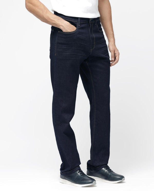 Rare Rabbit Mens Doros Navy Cotton Polyester Solid Regular Fit Dark Wash Jeans