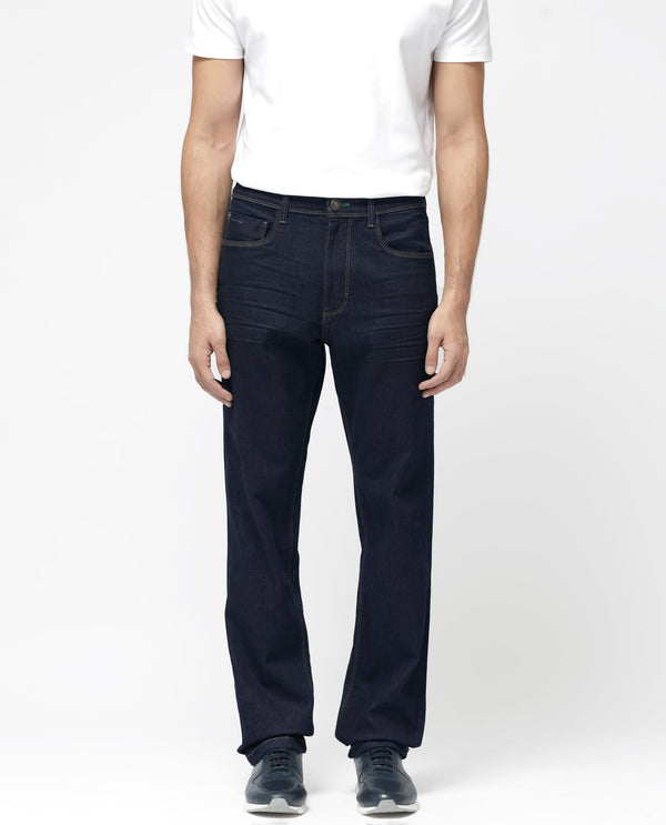Rare Rabbit Mens Doros Navy Cotton Polyester Solid Regular Fit Dark Wash Jeans