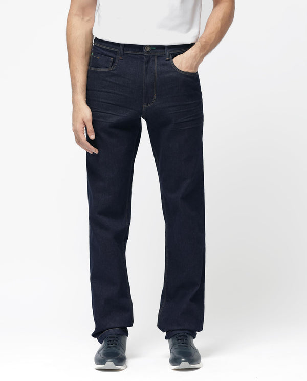 Rare Rabbit Mens Doros Navy Cotton Polyester Solid Regular Fit Dark Wash Jeans