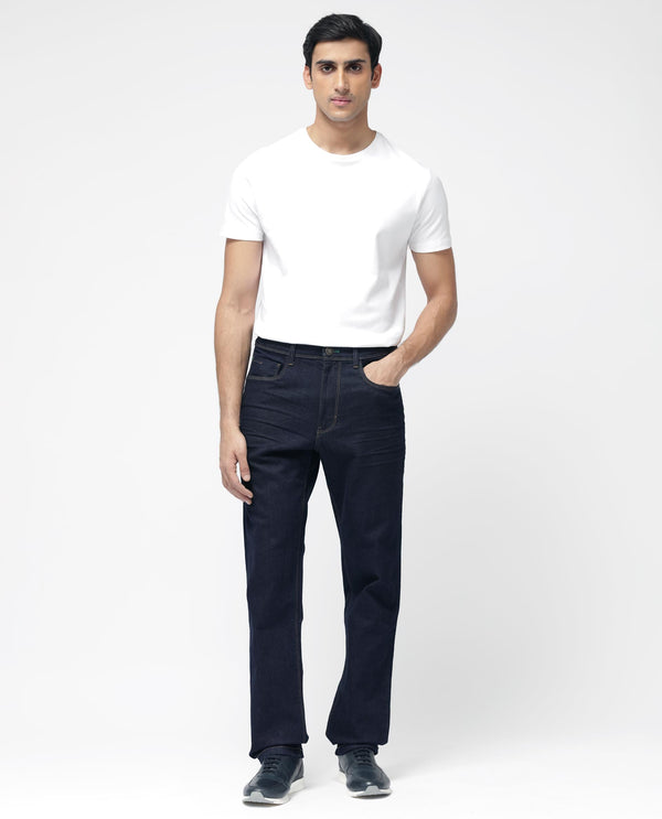 Rare Rabbit Mens Doros Navy Cotton Polyester Solid Regular Fit Dark Wash Jeans
