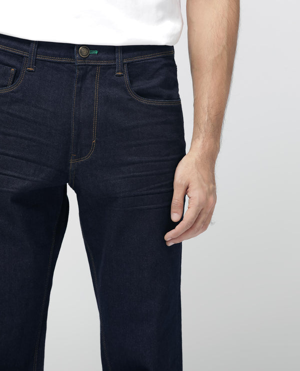 Rare Rabbit Mens Doros Navy Cotton Polyester Solid Regular Fit Dark Wash Jeans