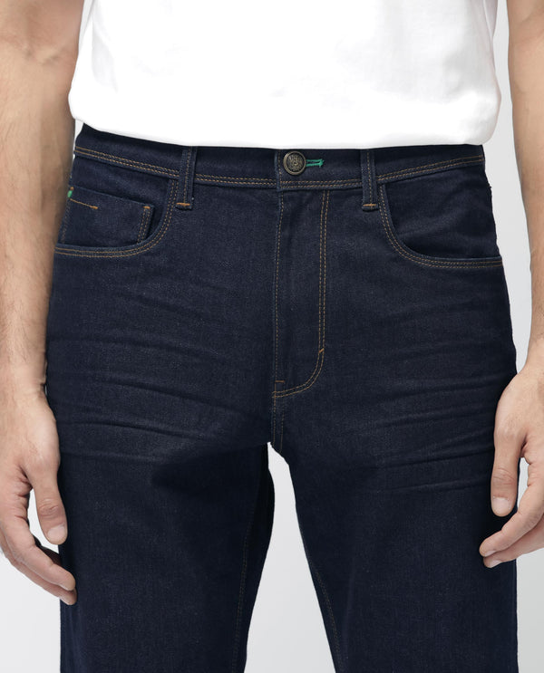 Rare Rabbit Mens Doros Navy Cotton Polyester Solid Regular Fit Dark Wash Jeans