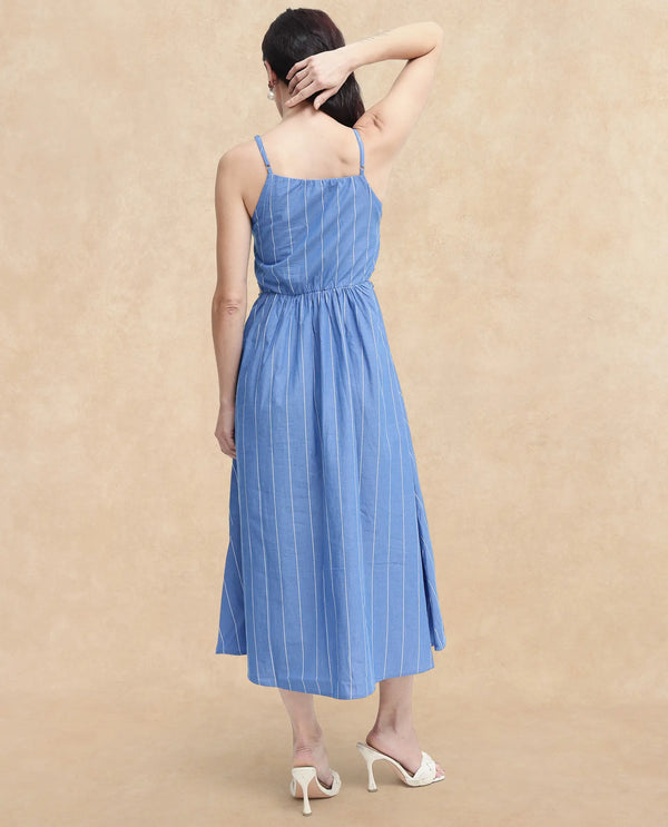 Rareism Women's Doyle Blue  Asymmetric Neck Zipper Closure Sleeveless Striped Fit And Flare Midi Dress