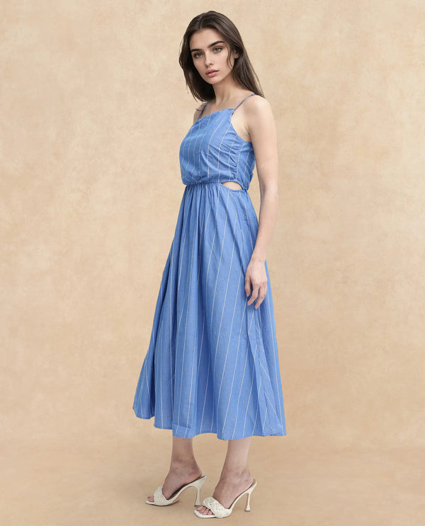 Rareism Women's Doyle Blue  Asymmetric Neck Zipper Closure Sleeveless Striped Fit And Flare Midi Dress
