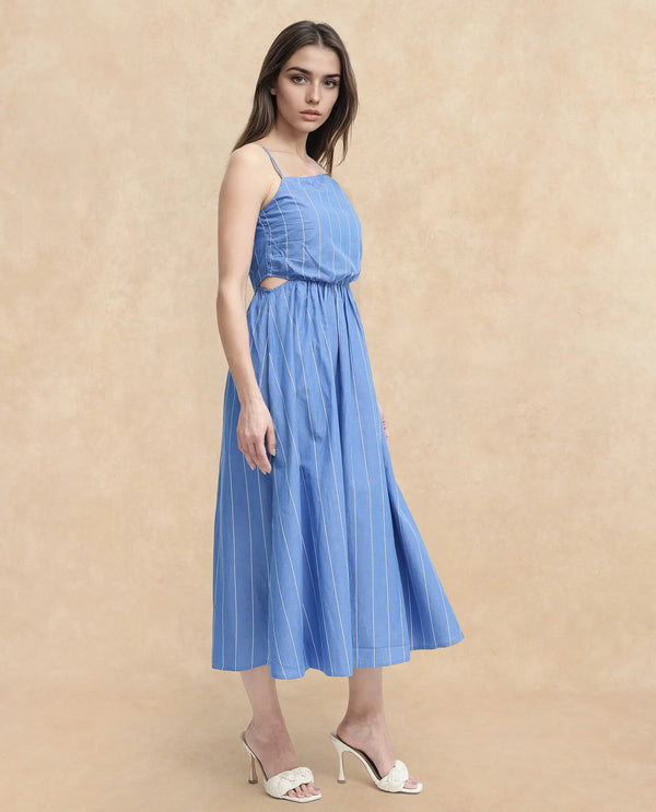 Rareism Women's Doyle Blue  Asymmetric Neck Zipper Closure Sleeveless Striped Fit And Flare Midi Dress