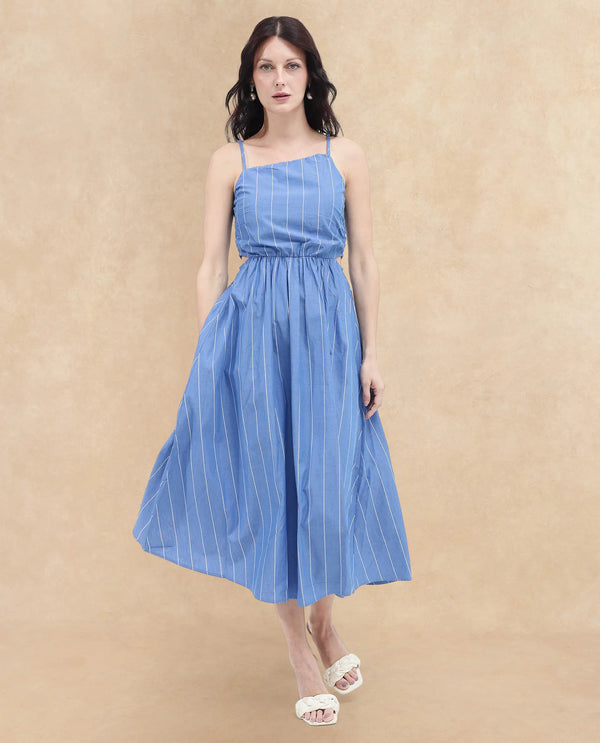 Rareism Women's Doyle Blue  Asymmetric Neck Zipper Closure Sleeveless Striped Fit And Flare Midi Dress