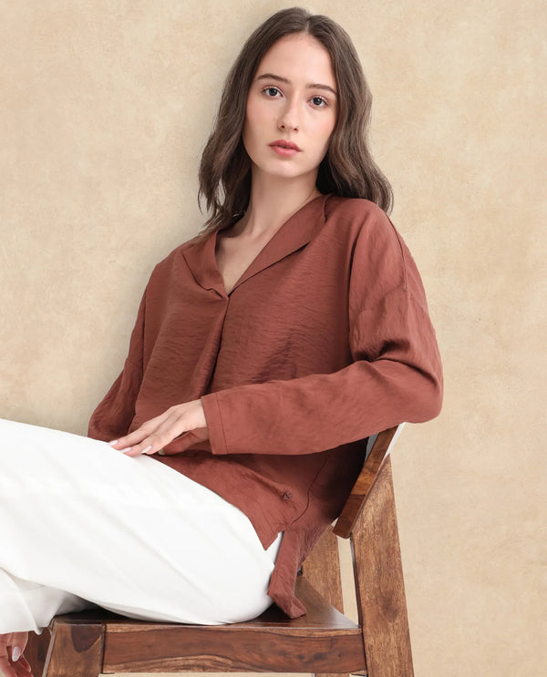 Rareism Women Drap Brown Viscose Nylon Fabric Full Sleeves Lapel Neck Relaxed Fit Plain Top