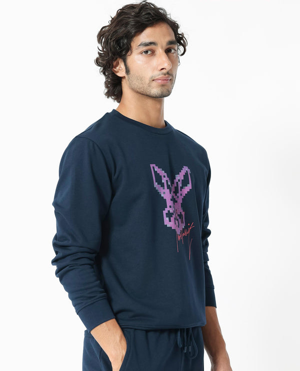 Rare Rabbit Men's Drato Navy Cotton Polyester Terry Fabric Full Sleeves Logo Graphic Print Knitted Sweatshirt