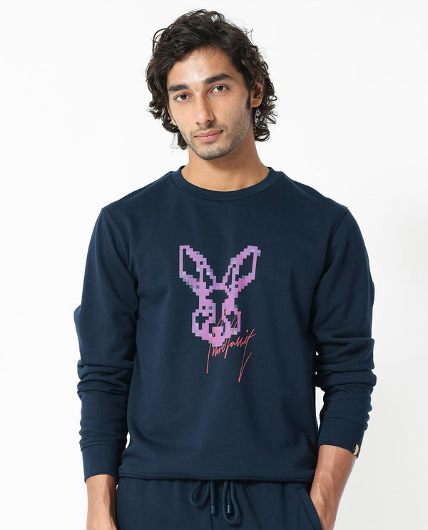 Rare Rabbit Men's Drato Navy Cotton Polyester Terry Fabric Full Sleeves Logo Graphic Print Knitted Sweatshirt