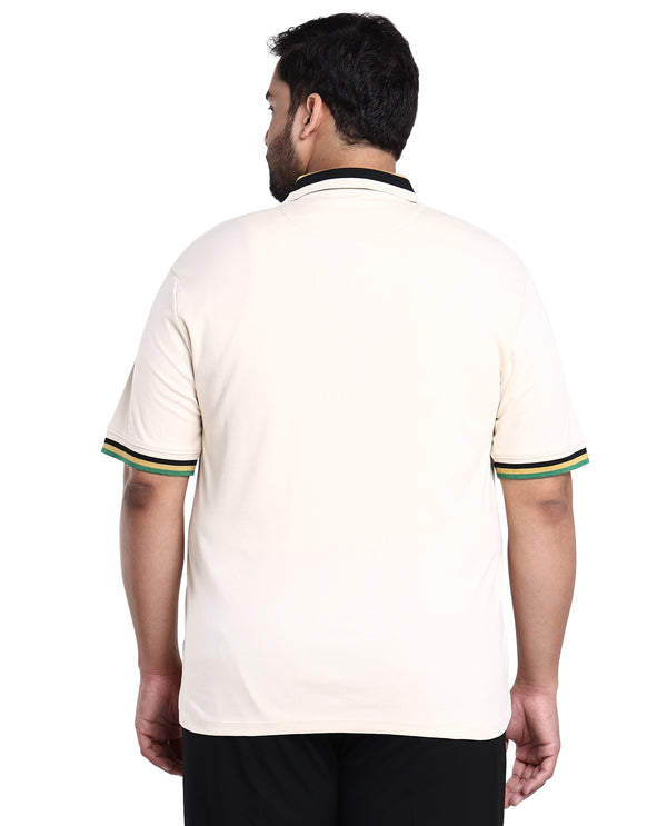 Rare Rabbit Men's Drax Off White Cotton Fabric Short Sleeves Collared Neck Plain Knit Polo Plus Size