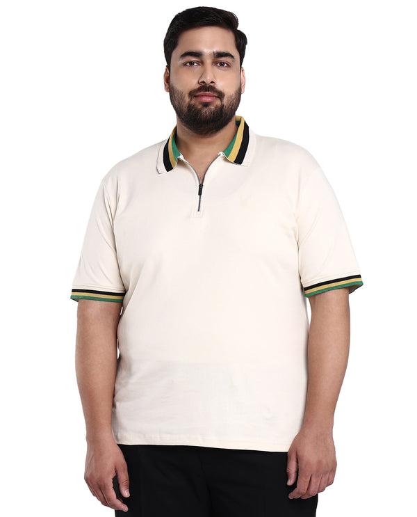 Rare Rabbit Men's Drax Off White Cotton Fabric Short Sleeves Collared Neck Plain Knit Polo Plus Size