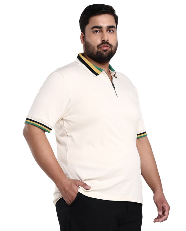 Rare Rabbit Men's Drax Off White Cotton Fabric Short Sleeves Collared Neck Plain Knit Polo Plus Size
