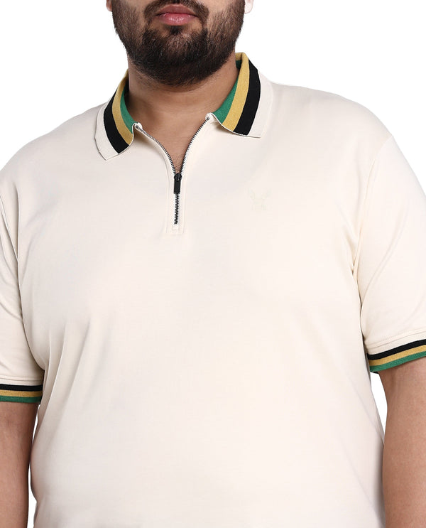 Rare Rabbit Men's Drax Off White Cotton Fabric Short Sleeves Collared Neck Plain Knit Polo Plus Size