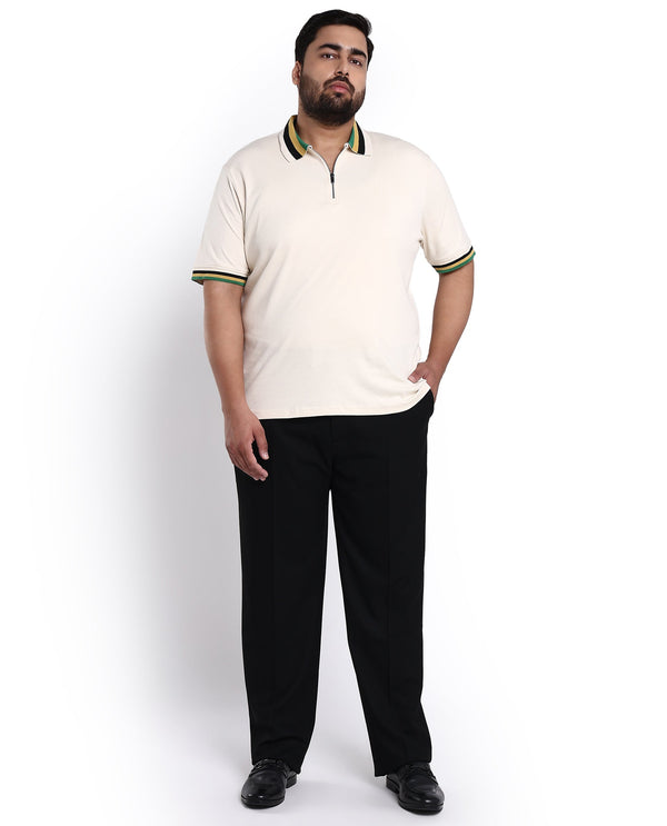Rare Rabbit Men's Drax Off White Cotton Fabric Short Sleeves Collared Neck Plain Knit Polo Plus Size