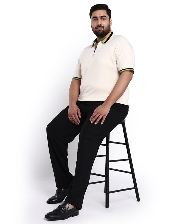 Rare Rabbit Men's Drax Off White Cotton Fabric Short Sleeves Collared Neck Plain Knit Polo Plus Size