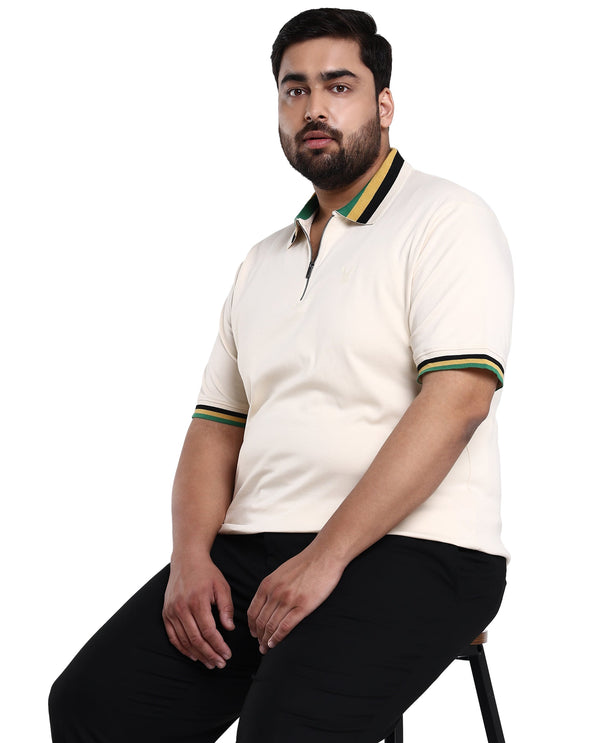 Rare Rabbit Men's Drax Off White Cotton Fabric Short Sleeves Collared Neck Plain Knit Polo Plus Size
