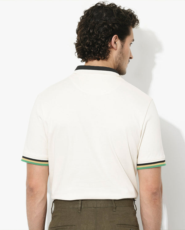 Rare Rabbit Men's Drax Off White Cotton Fabric Short Sleeves Collared Neck Plain Knit Polo