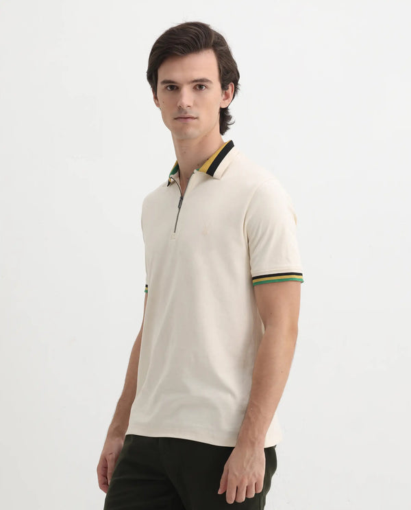 Rare Rabbit Men's Drax Off White Cotton Fabric Short Sleeves Collared Neck Plain Knit Polo