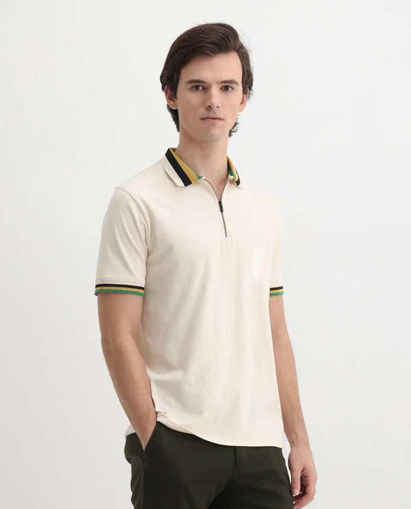 Rare Rabbit Men's Drax Off White Cotton Fabric Short Sleeves Collared Neck Plain Knit Polo
