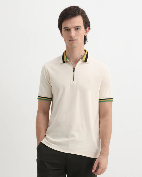 Rare Rabbit Men's Drax Off White Cotton Fabric Short Sleeves Collared Neck Plain Knit Polo